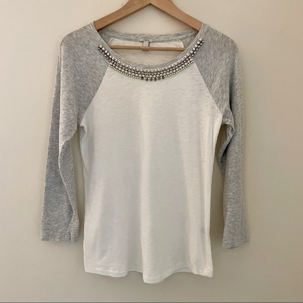 J. Crew Jeweled White and Gray Baseball Tee Size Small Excellent Condition